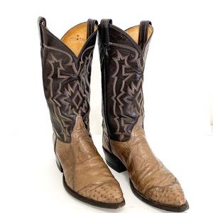Tony Lama Tan & Brown Leather Ostrich Cowboy Boots